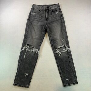 American Eagle Mom Jeans Womens 27 High Rise Distressed Faded Black Denim 24x26